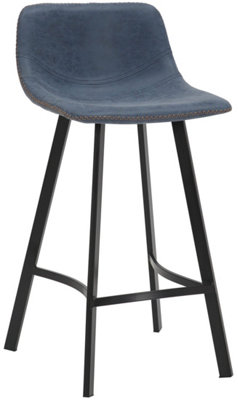 Antico Faux Leather Kitchen Bar Stool, Matt Black Fixed Height Legs With Footrest, Breakfast & Home Bar Stool - Blue