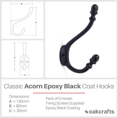Antique Acorn Design Epoxy Black Finish Coat Hook - 5" / 130mm - Pack of 5 Hooks