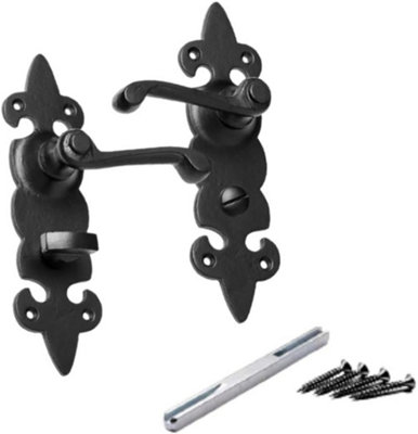 Antique Black Fleur De Lys Bathroom Door Handle Rustic Cast Iron Internal External Bathroom Handles with Spindle & Fixing Screws