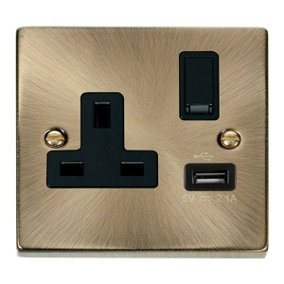 Antique Brass 1 Gang 13A DP 1 USB Switched Plug Socket - Black Trim - SE Home