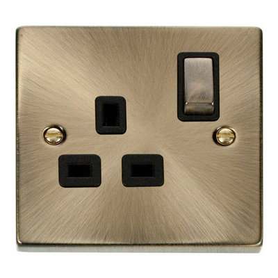 Antique Brass 1 Gang 13A DP Ingot Switched Plug Socket - Black Trim - SE Home