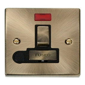 Antique Brass 13A Fused Ingot Connection Unit Switched With Neon With Flex - Black Trim - SE Home