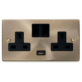 Antique Brass 2 Gang 13A 1 USB Twin Double Switched Plug Socket - Black Trim - SE Home