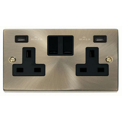 Antique Brass 2 Gang 13A 2 USB Twin Double Switched Plug Socket - Black ...