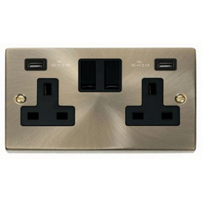 Antique Brass 2 Gang 13A 2 USB Twin Double Switched Plug Socket - Black Trim - SE Home