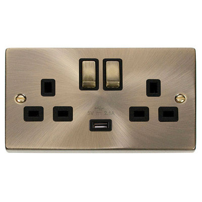 Antique Brass 2 Gang 13A DP Ingot 1 USB Twin Double Switched Plug Socket - Black Trim - SE Home