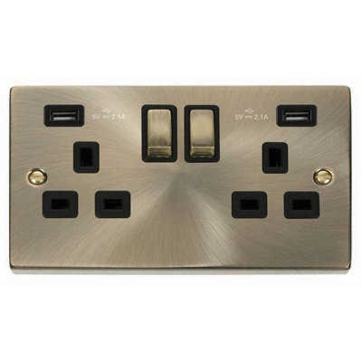 Antique Brass 2 Gang 13A DP Ingot 2 USB Twin Double Switched Plug Socket - Black Trim - SE Home