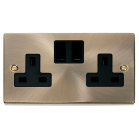 Antique Brass 2 Gang 13A Twin Double Switched Plug Socket - Black Trim - SE Home