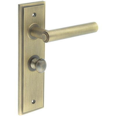 Antique Brass Backplate Door Handle with Turn & Release for Bathrooms - Solid Brass Interior Lever