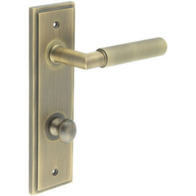 Antique Brass Bathroom Backplate Door Handle with Turn & Release - Solid Brass Interior Handle