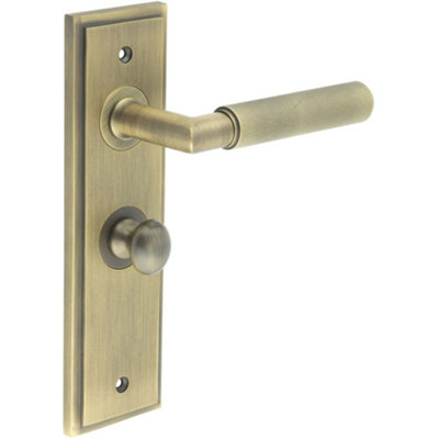 Antique Brass Bathroom Door Handle Backplate and Turn Release - Solid Brass Interior Handle