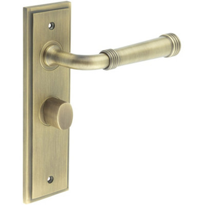 Antique Brass Bathroom Door Handle with Backplate and Turn Release Mechanism - Solid Brass Interior Handle