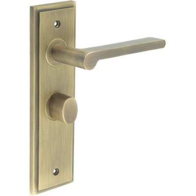 Antique Brass Bathroom Door Handle with Backplate and Turn Release Solid Brass Interior Handle