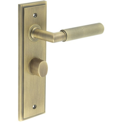 Antique Brass Bathroom Door Handle with Backplate and Turn Release - Solid Brass Interior Handle