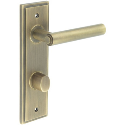 Antique Brass Bathroom Door Handle with Backplate and Turn Release - Solid Brass Interior Lever
