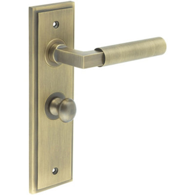 Antique Brass Bathroom Door Handle with Backplate and Turn Release - Solid Brass Interior Toilet Handle