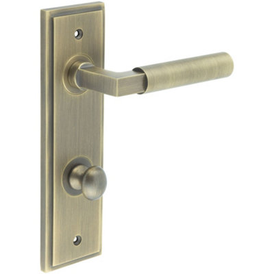 Antique Brass Bathroom Door Handle with Backplate and Turn Release - Solid Brass Interior WC Handle