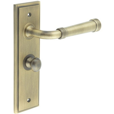 Antique Brass Bathroom Door Handle with Backplate and Turn Release - Solid Brass Toilet Interior Handle
