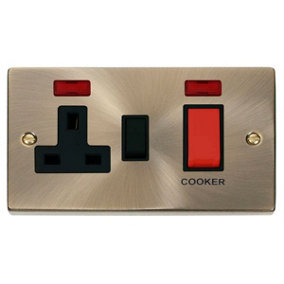 Antique Brass Cooker Control 45A With 13A Switched Plug Socket & 2 Neons - Black Trim - SE Home