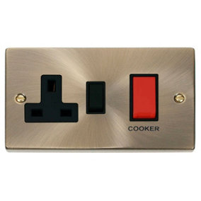 Antique Brass Cooker Control 45A With 13A Switched Plug Socket - Black Trim - SE Home