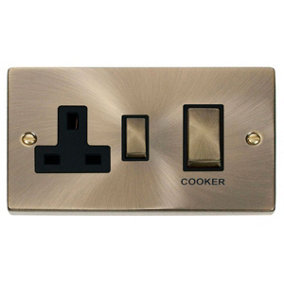 Antique Brass Cooker Control Ingot 45A With 13A Switched Plug Socket - Black Trim - SE Home