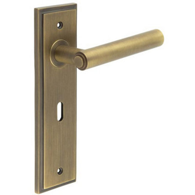 Antique Brass Door Handle Lock Backplate - Elegant and Durable - Solid Brass Interior Lever