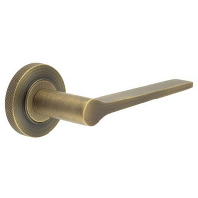 Antique Brass Door Handle on Knurled Rose - Classic and Modern Design - Solid Brass Interior Handle