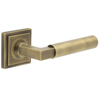 Antique Brass Door Handle on Square Stepped Rose for Elegant Interiors - Solid Brass Interior Handle
