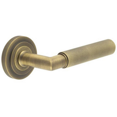 Antique Brass Door Handle on Stepped Rose - Premium Quality Design - Solid Brass Interior Handle