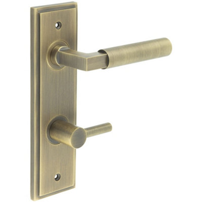 Antique Brass Door Handle Set for Bathrooms with Turn & Release Mechanism - Solid Brass Interior Handle