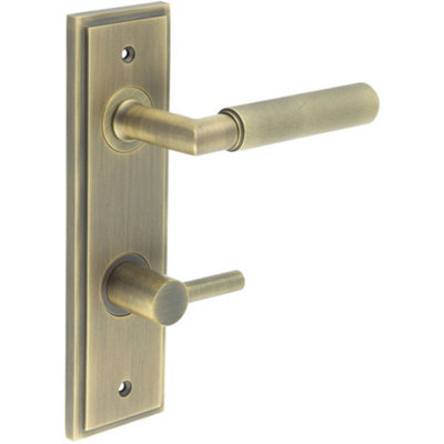 Antique Brass Door Handle with Backplate and Turn Release for Bathrooms - Solid Brass Interior Handle