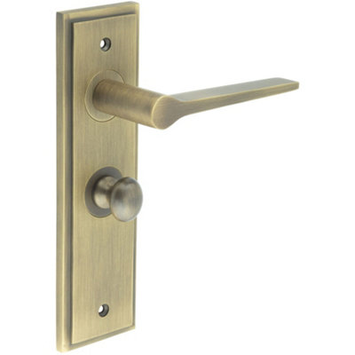 Antique Brass Door Handle with Backplate for Bathroom - Turn & Release Mechanism - Solid Brass Interior Handle