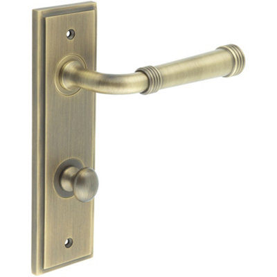 Antique Brass Door Handle with Backplate for Bathrooms - Turn & Release Mechanism - Solid Brass