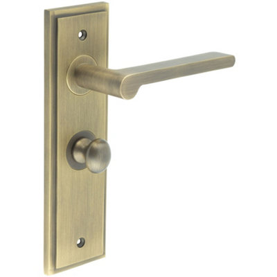 Antique Brass Door Handle with Bathroom Backplate and Turn Release - Solid Brass Interior Handle
