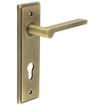 Antique Brass Door Handle with Euro Backplate Solid Brass - Interior Handle