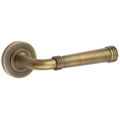 Antique Brass Door Handle with Plain Rose Design - Solid Brass Interior Handle