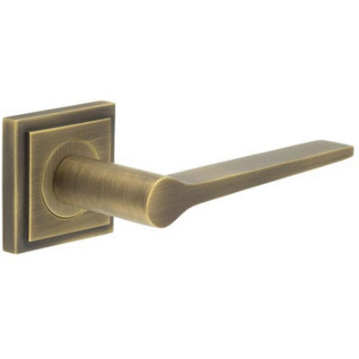 Antique Brass Door Handle with Square Rose - Classic & Modern Design - Solid Brass Interior Handle