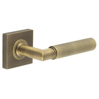 Antique Brass Door Handle with Square Rose for Elegant Interiors - Solid Brass Interior Handle