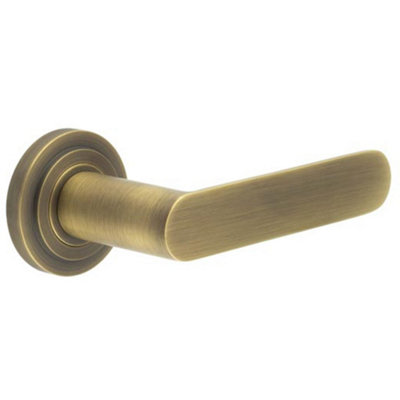 Antique Brass Door Handle with Stepped Rose Design for Stylish Interiors - Solid Brass Interior Handle