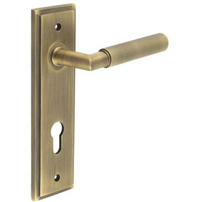 Antique Brass Euro Backplate Door Handle with Diamond Knurling - Solid Brass Interior Handle