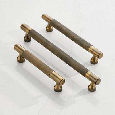 Antique Brass Knurled Cabinet T Bar Handle - Solid Brass - Hole Centre 224mm - SE Home