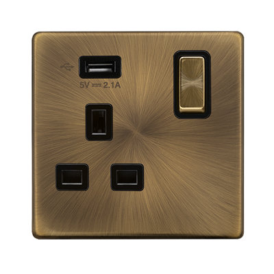 Antique Brass Screwless Plate 1 Gang 13A DP Ingot 1 USB Switched Plug Socket - Black Trim - SE Home