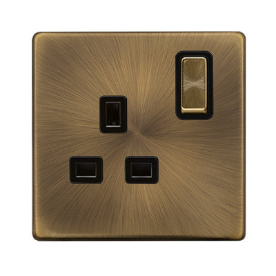 Antique Brass Screwless Plate 1 Gang 13A DP Ingot Switched Plug Socket - Black Trim - SE Home