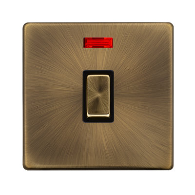 Antique Brass Screwless Plate 1 Gang 20A Ingot DP Switch With Neon - Black Trim - SE Home