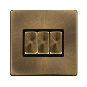 Antique Brass Screwless Plate 10A 3 Gang 2 Way Ingot Light Switch - Black Trim - SE Home