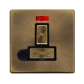 Antique Brass Screwless Plate 13A Fused Ingot Connection Unit Switched With Neon With Flex - Black Trim - SE Home