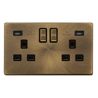 Antique Brass Screwless Plate 2 Gang 13A DP Ingot 2 USB Twin Double Switched Plug Socket - Black Trim - SE Home