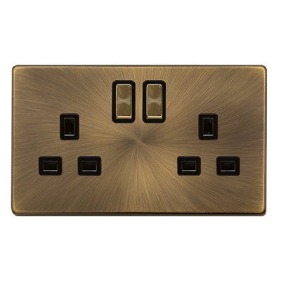 Antique Brass Screwless Plate 2 Gang 13A DP Ingot Twin Double Switched Plug Socket - Black Trim - SE Home