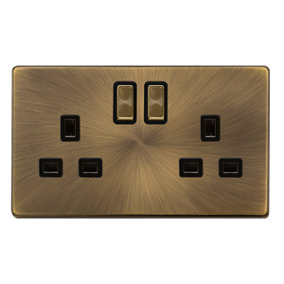 Antique Brass Screwless Plate 2 Gang 13A DP Ingot Twin Double Switched Plug Socket - Black Trim - SE Home