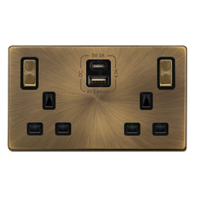 Antique Brass Screwless Plate 2 Gang 13A DP Ingot Type A & C USB Twin Double Switched Plug Socket - Black Trim - SE Home